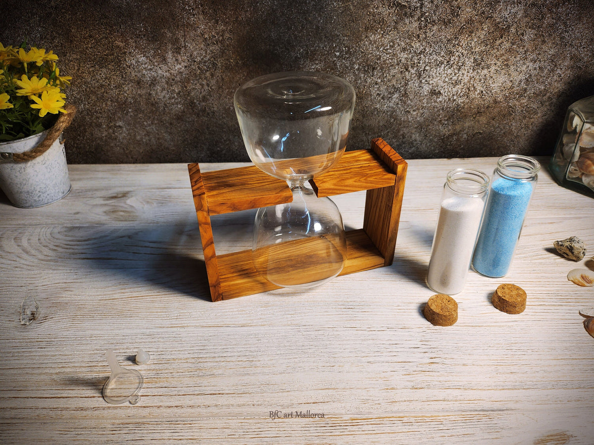 Handmade Olive Wood Hourglass – Refillable Sand Unity Ceremony Vase