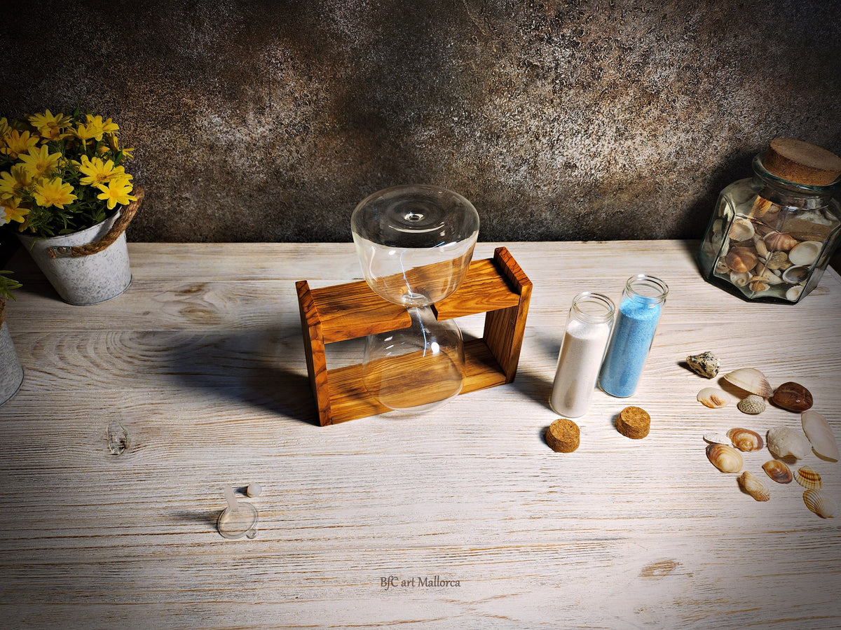 Handmade Olive Wood Hourglass – Refillable Sand Unity Ceremony Vase