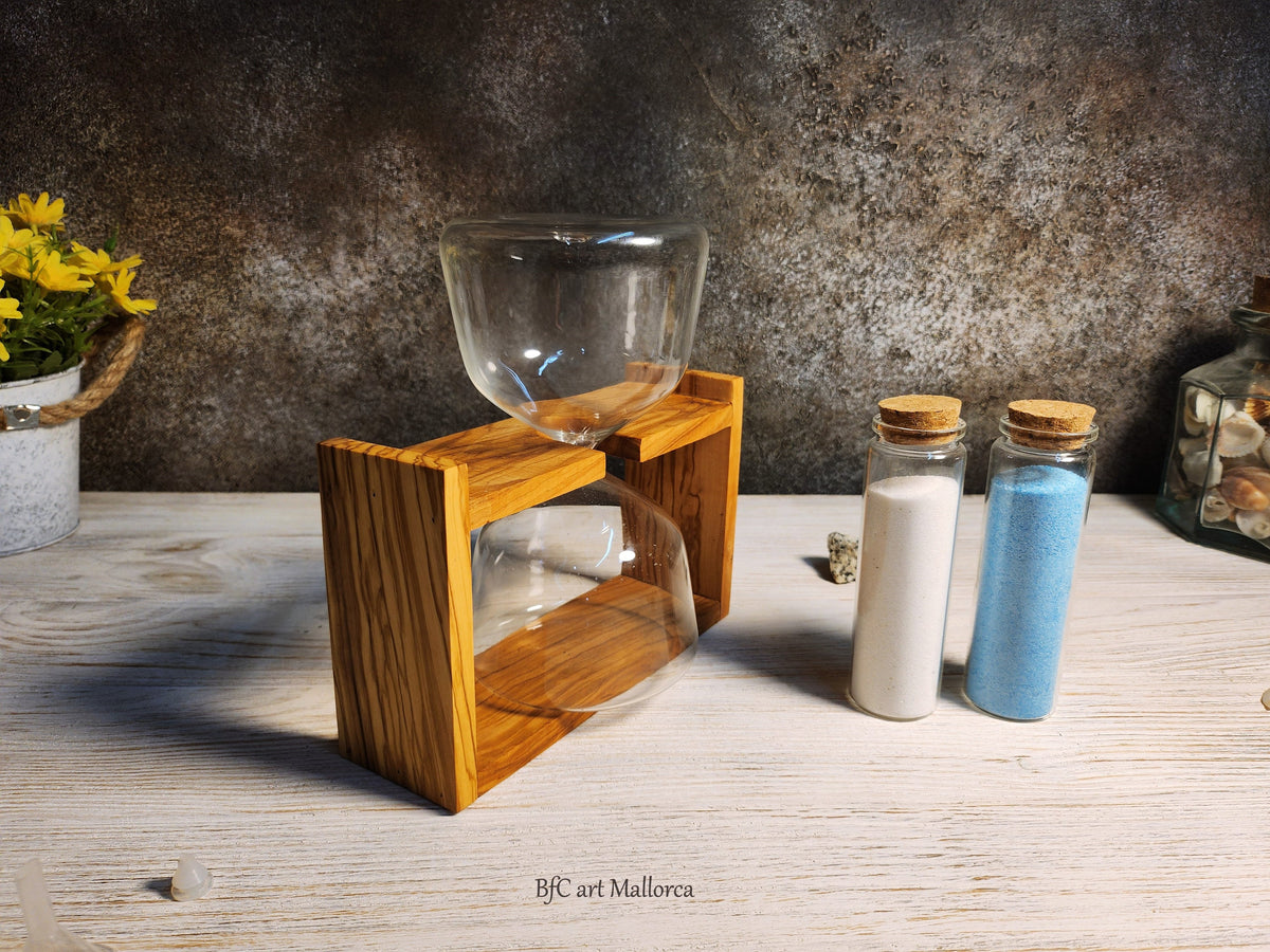Handmade Olive Wood Hourglass – Refillable Sand Unity Ceremony Vase