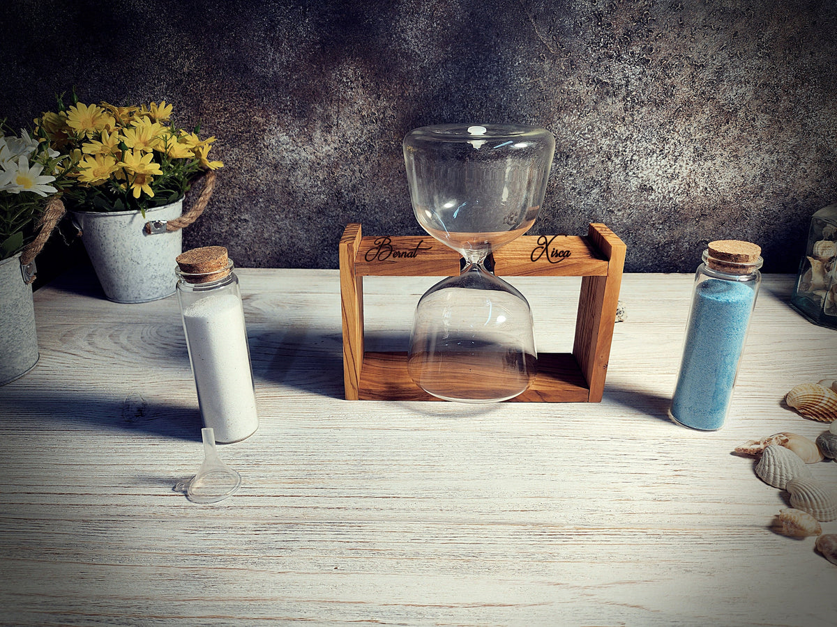 Handcrafted Olive Wood Hourglass - Refillable Sand Unity Ceremony Base, Rustic Design, Perfect for Wedding Rituals and Home Decor