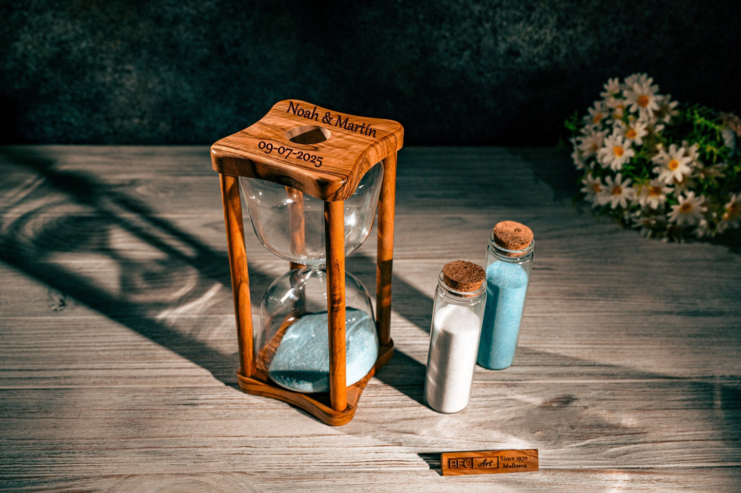 Unique Wedding Unity Sand Hourglass – BFC Art Mallorca Design with Sand Included | Olive Wood Ceremony Keepsake & Gift