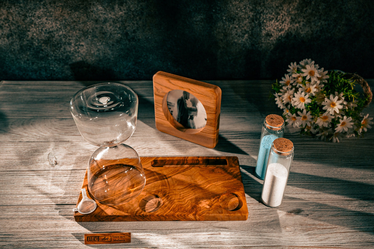Handmade Olive Wood Wedding Hourglass – Unity Sand Ceremony Set with Photo Frame