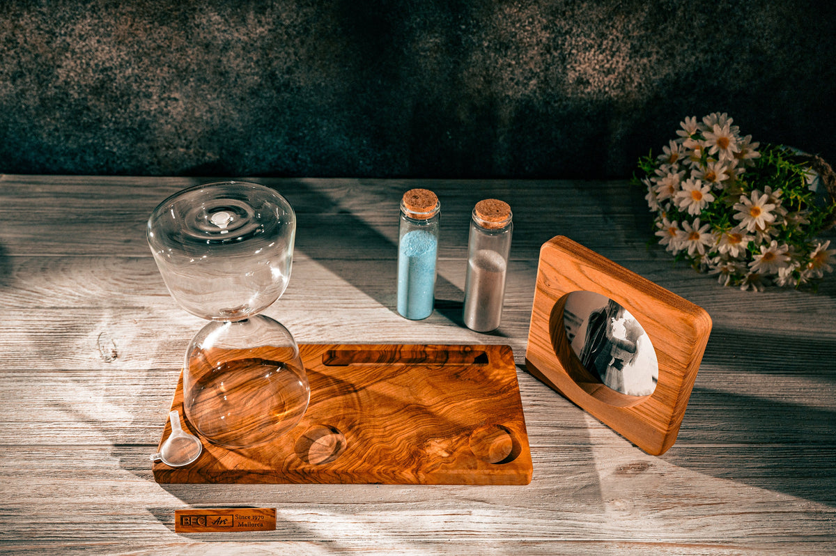 Handmade Olive Wood Wedding Hourglass – Unity Sand Ceremony Set with Photo Frame
