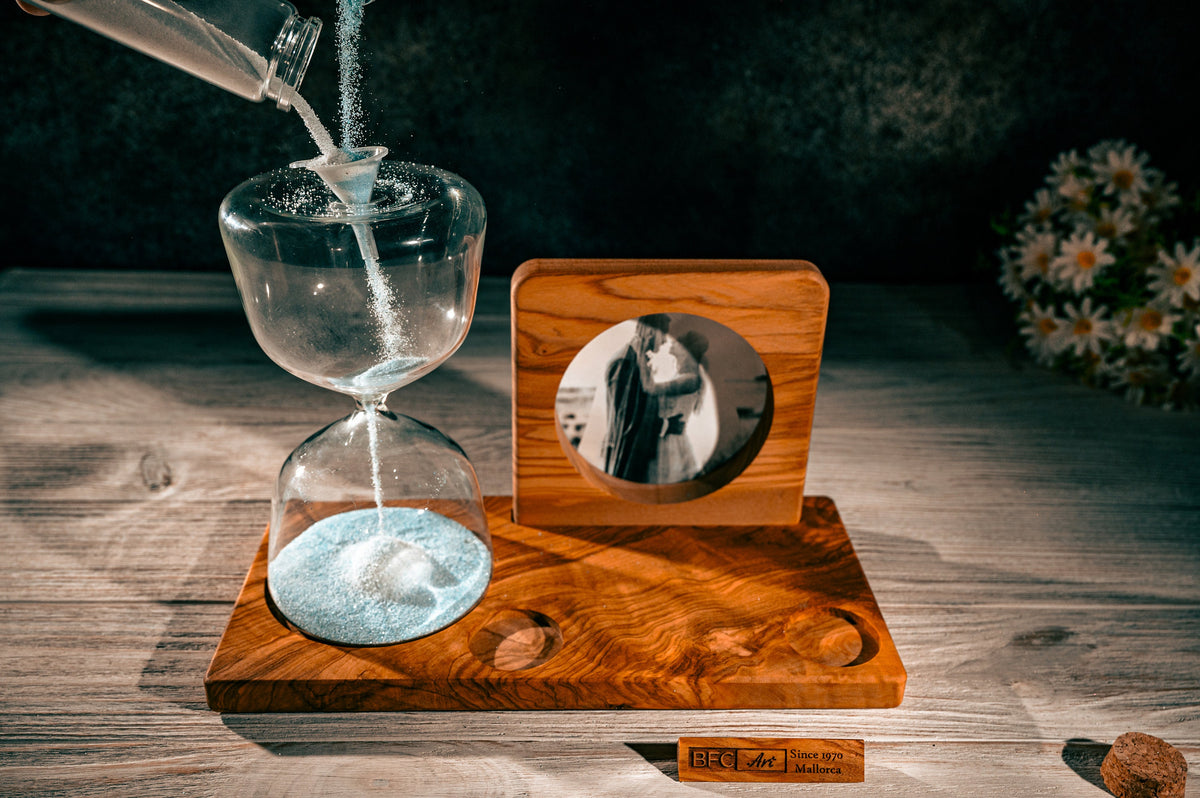 Handmade Olive Wood Wedding Hourglass – Unity Sand Ceremony Set with Photo Frame