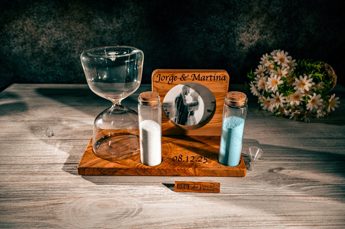 Handmade Olive Wood Hourglass - Wedding Unity Sand Ceremony Set with Photo Frame and Colored Sand