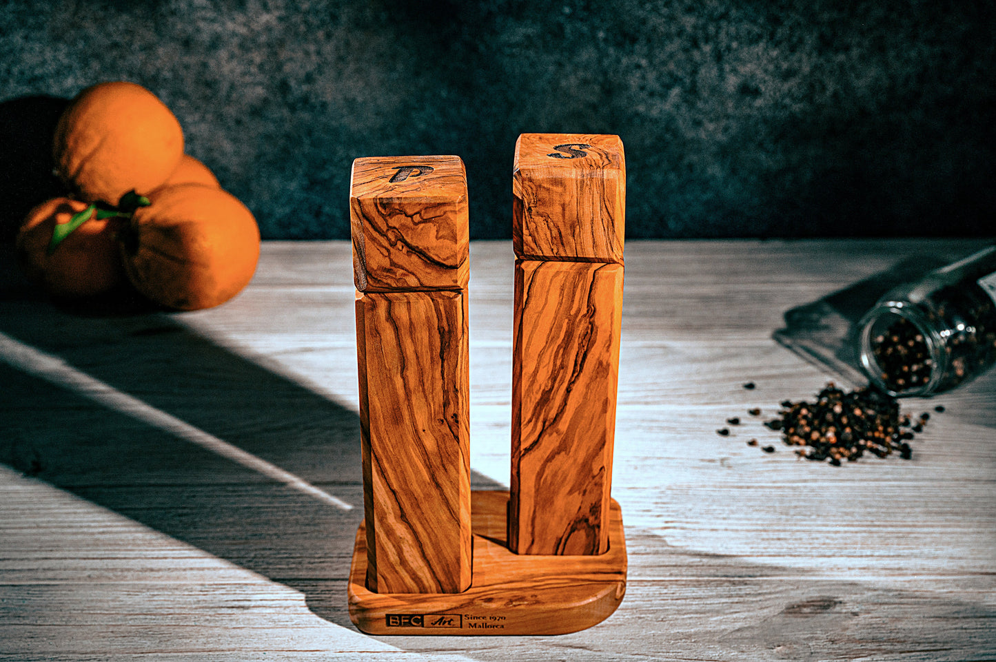 Handmade Olive Wood Salt and Pepper Mill Set with Matching Base