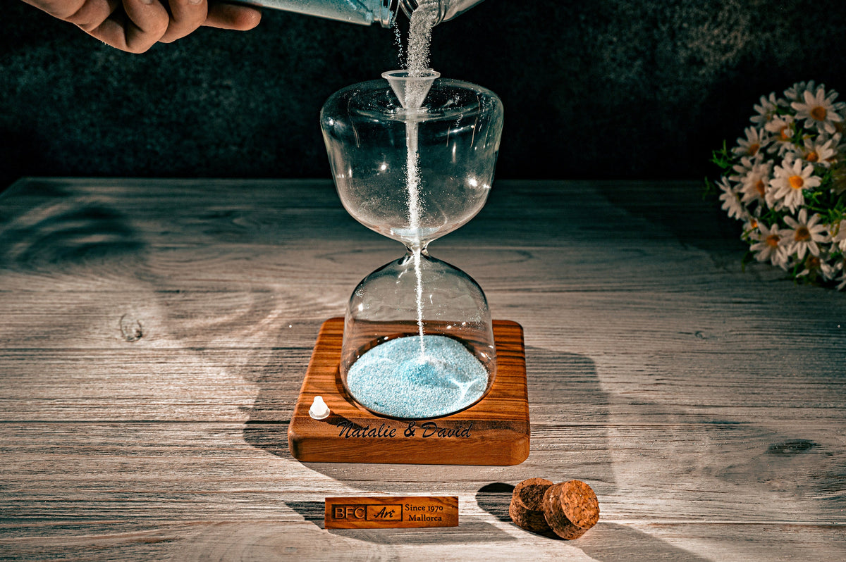 Handmade Olive Wood Hourglass Wedding Unity Set - Includes Colored Sand for Ceremony