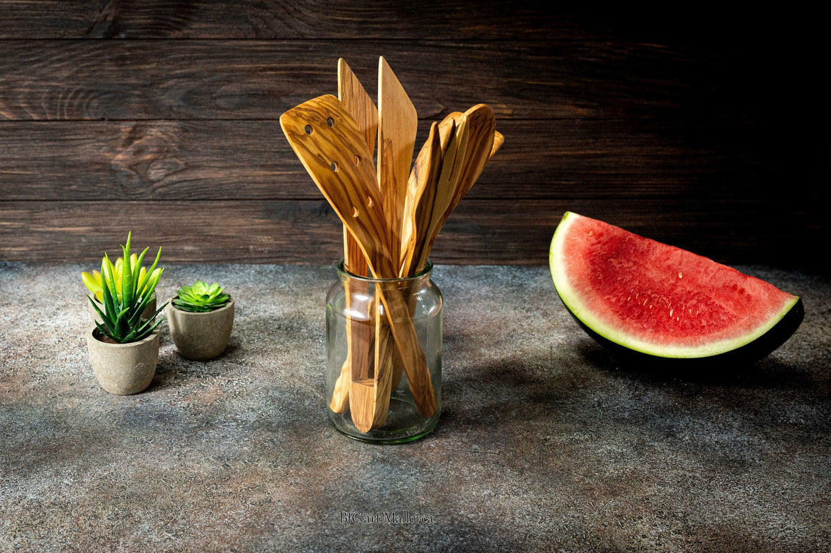 Handmade Olive Wood Kitchen Utensil Set - 5-Piece Rustic Cooking Spoons, Spatulas & Tongs, Perfect for Cooking, BBQ, and Gifts