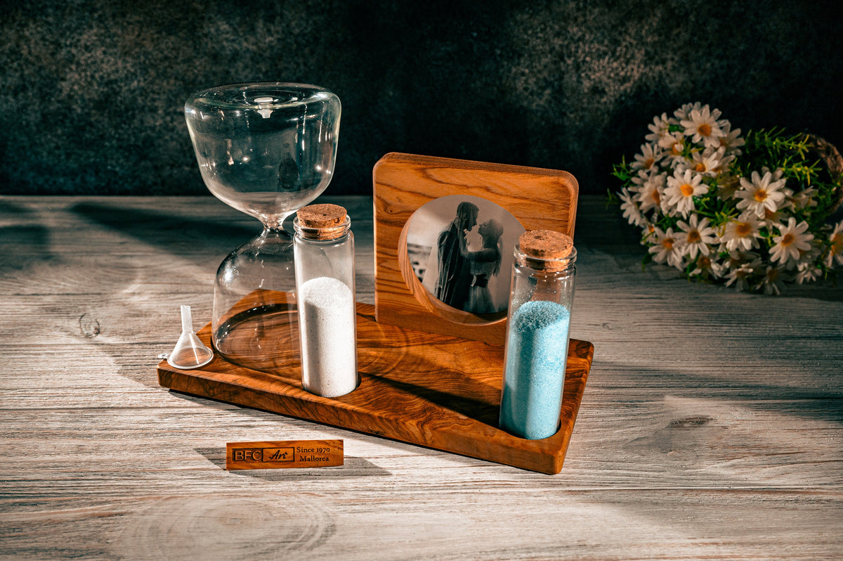 Handmade Olive Wood Wedding Hourglass – Unity Sand Ceremony Set with Photo Frame