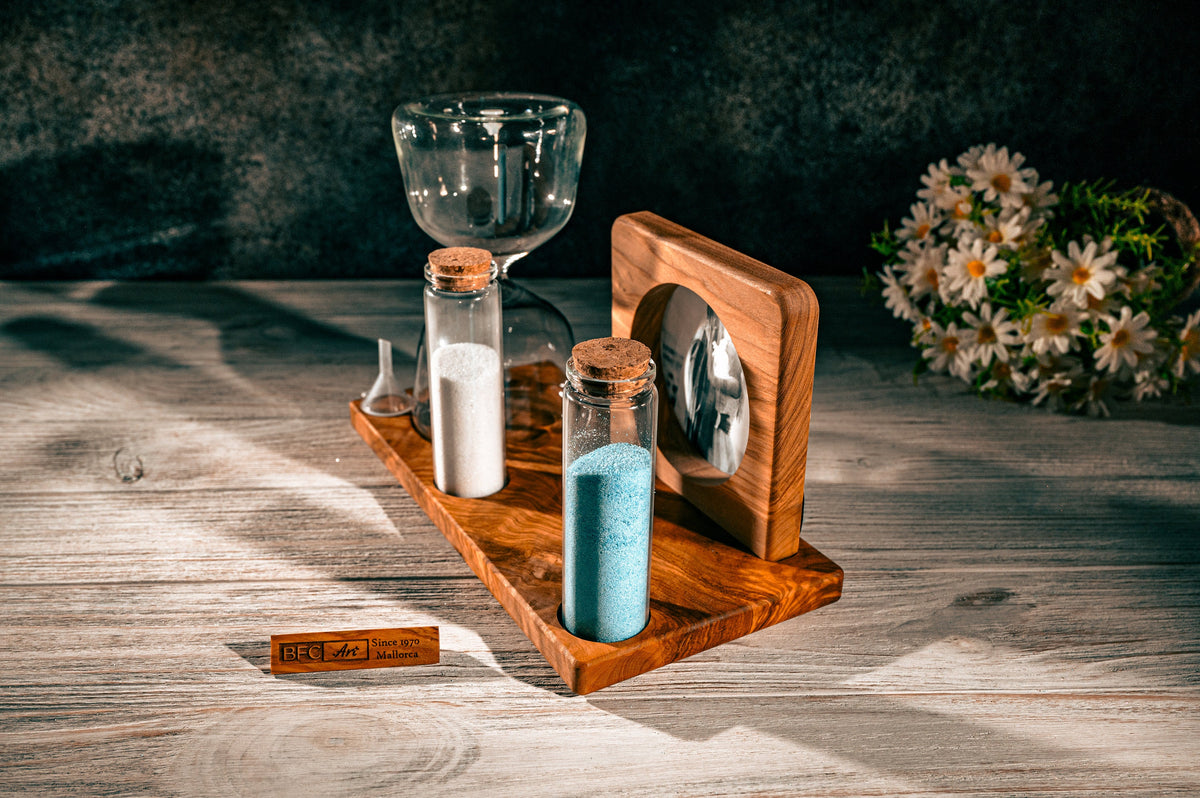 Handmade Olive Wood Wedding Hourglass – Unity Sand Ceremony Set with Photo Frame