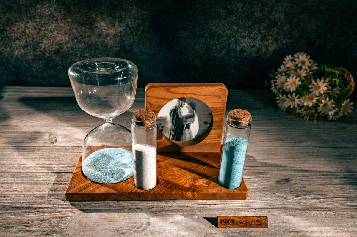 Handmade Olive Wood Wedding Hourglass – Unity Sand Ceremony Set with Photo Frame