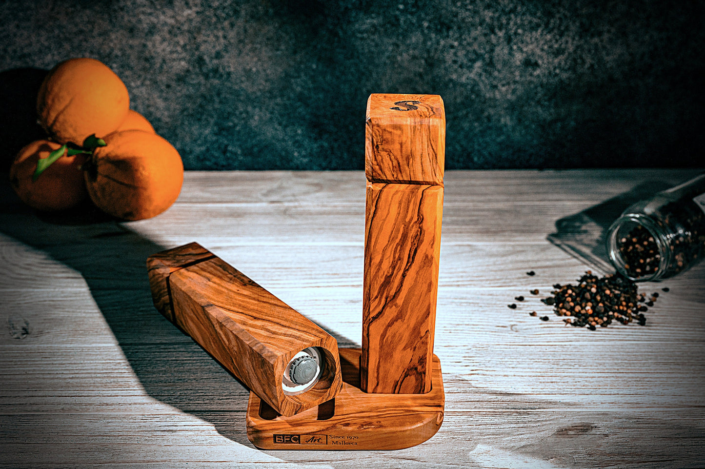 Handmade Olive Wood Salt and Pepper Mill Set with Matching Base