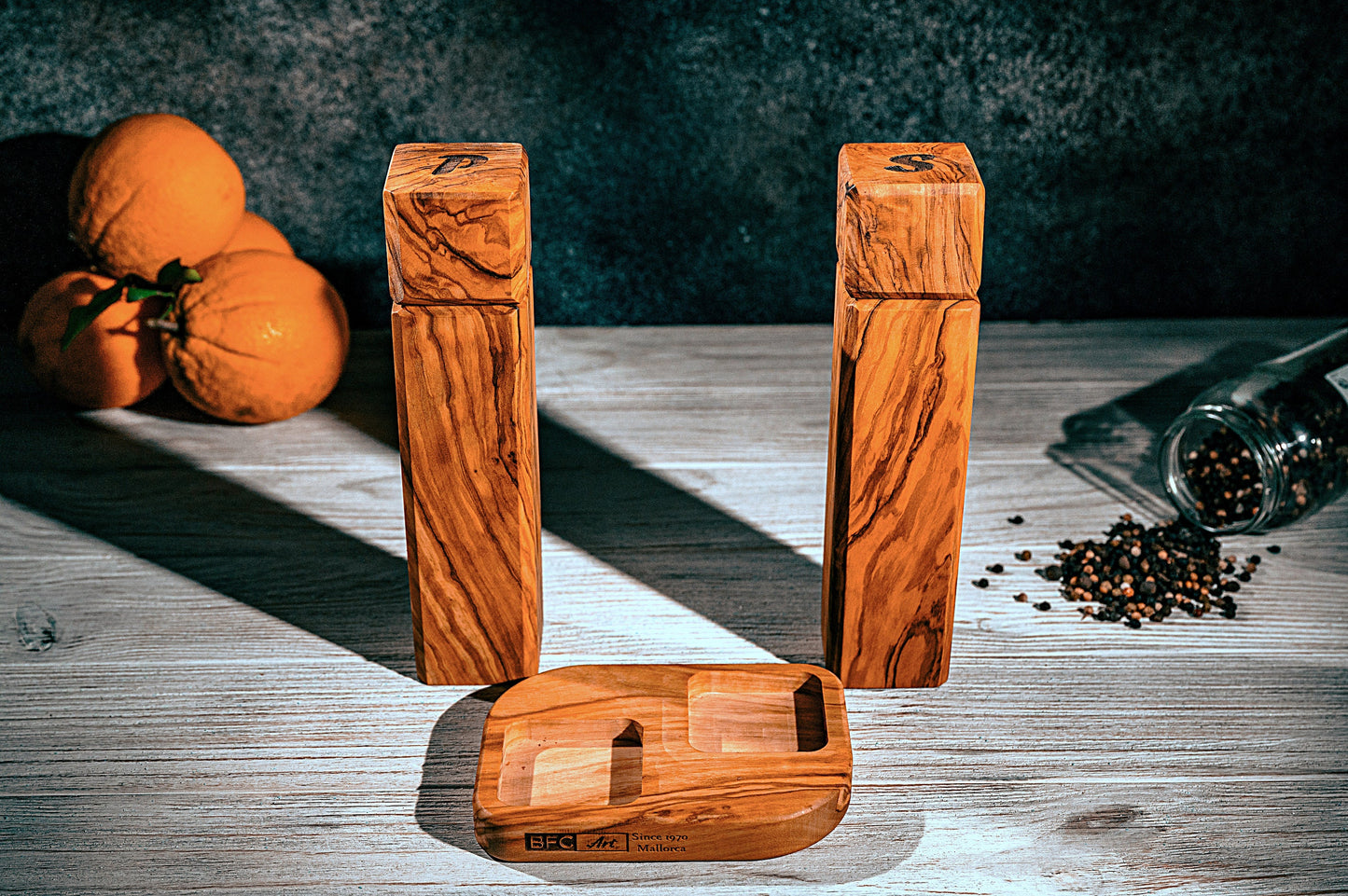 Handmade Olive Wood Salt and Pepper Mill Set with Matching Base