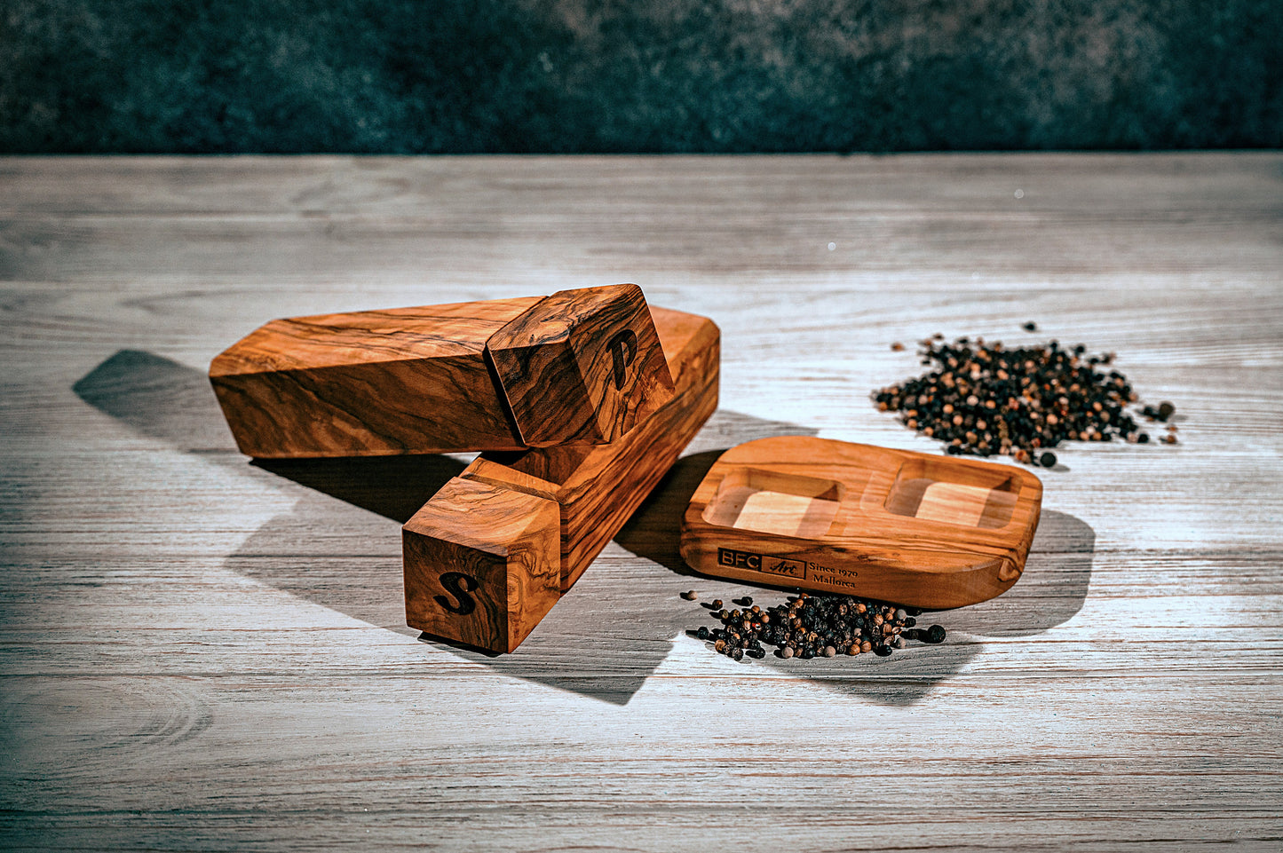 Handmade Olive Wood Salt and Pepper Mill Set with Matching Base