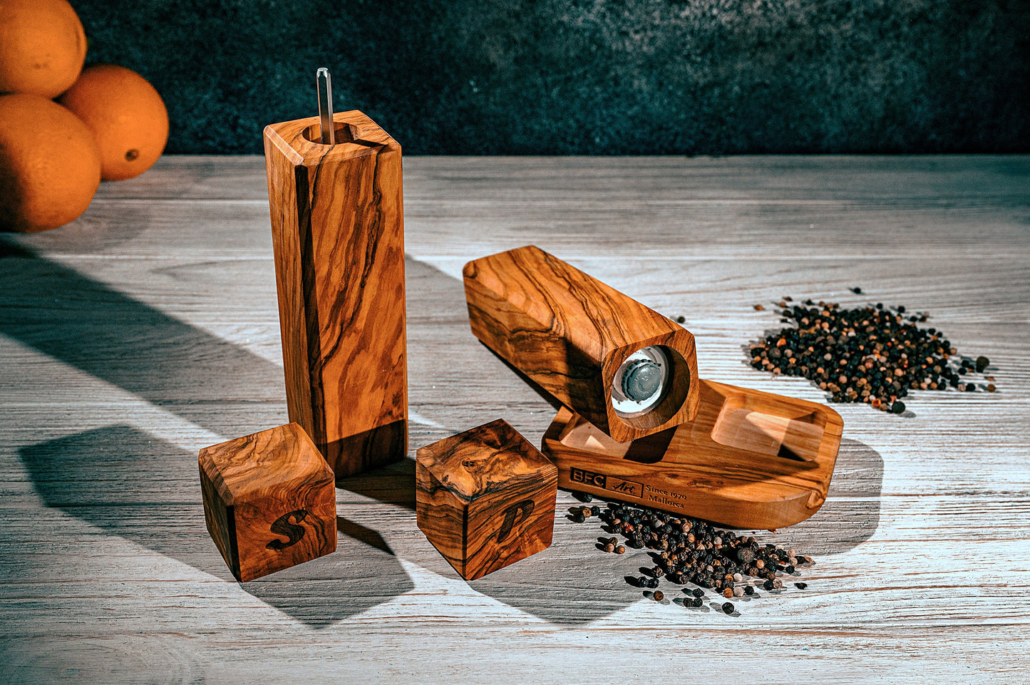Handmade Olive Wood Salt and Pepper Mill Set with Matching Base