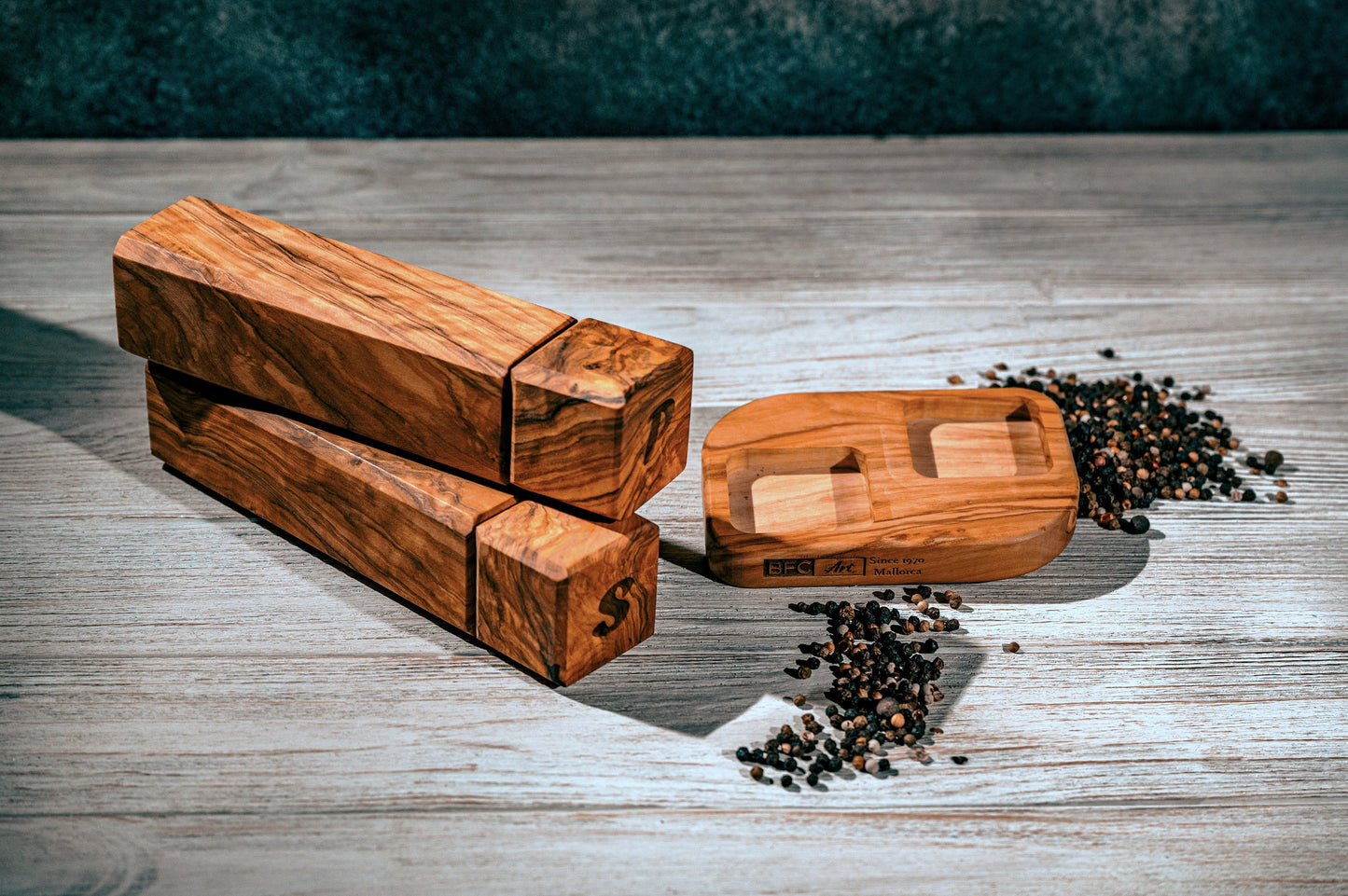 Handmade Olive Wood Salt and Pepper Mill Set with Matching Base