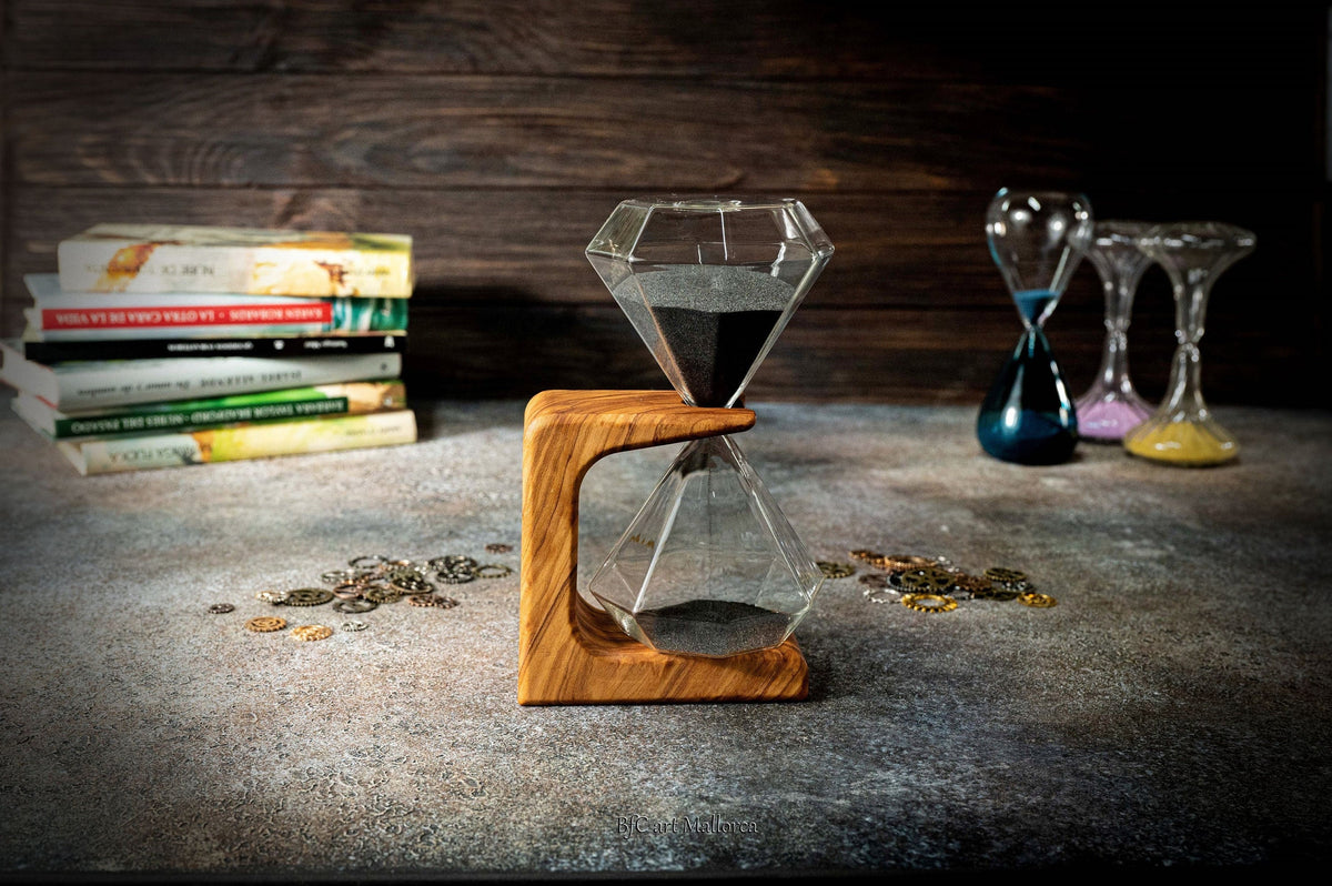 Handmade Olive Wood Stand with Black Sand Hourglass - 15 Minute Timer, Customizable with Name or Phrase