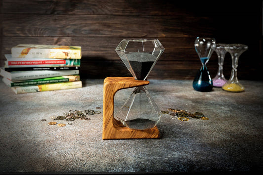 Handmade Olive Wood Stand with Black Sand Hourglass - 15 Minute Timer, Customizable with Name or Phrase