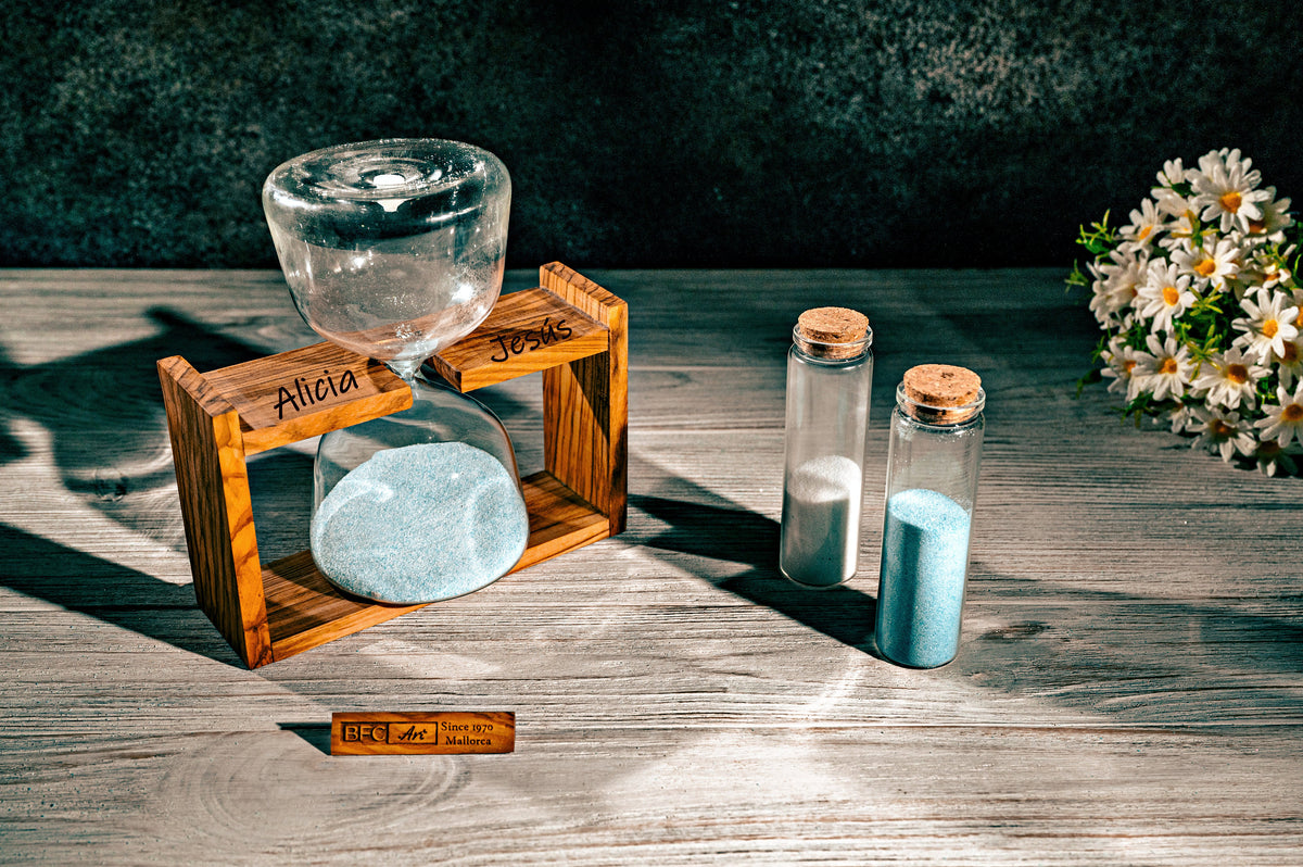 Handmade Olive Wood Hourglass - Wedding Unity Sand Ceremony Set with Colored Sand Included