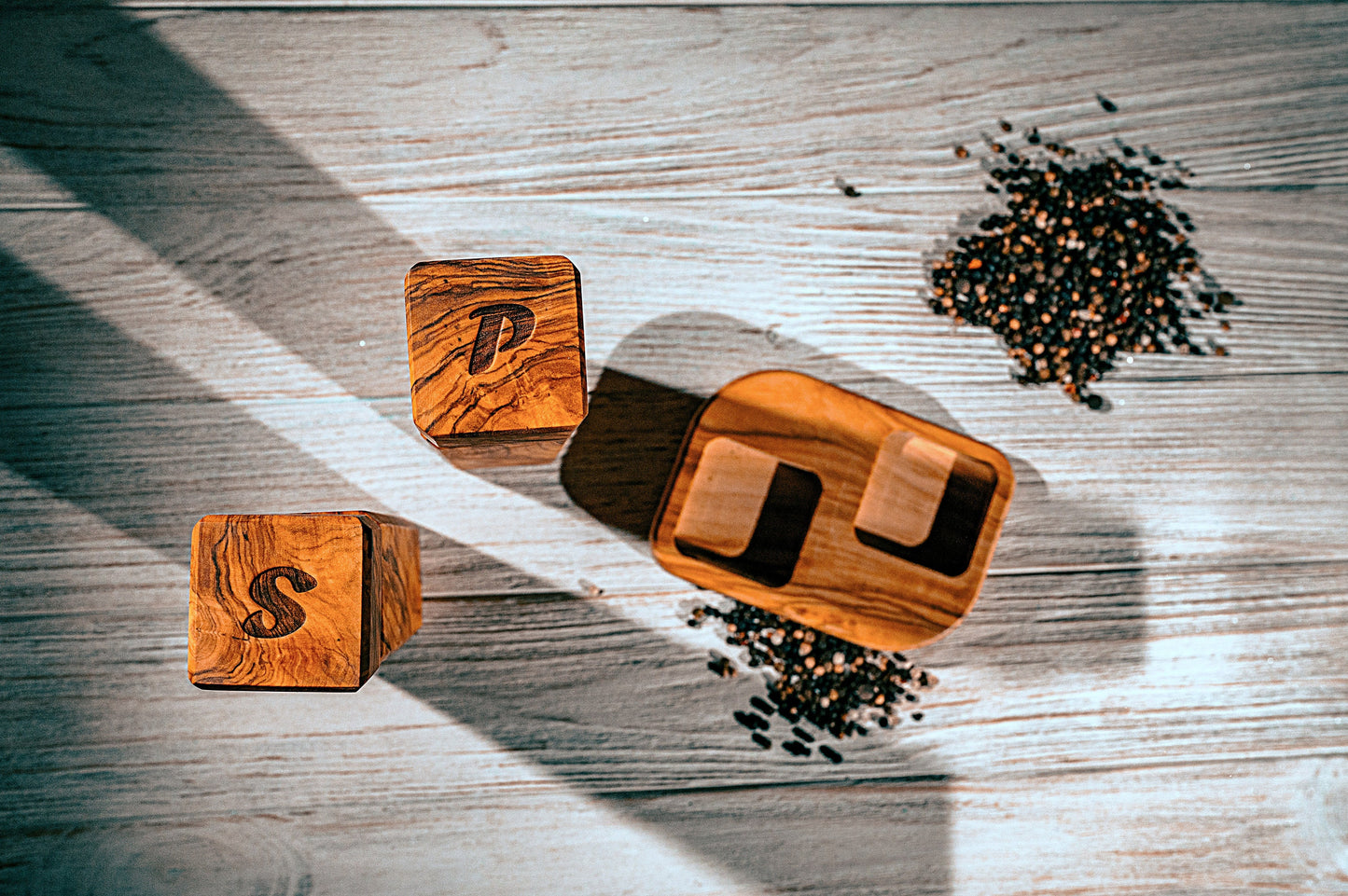 Handmade Olive Wood Salt and Pepper Mill Set with Matching Base