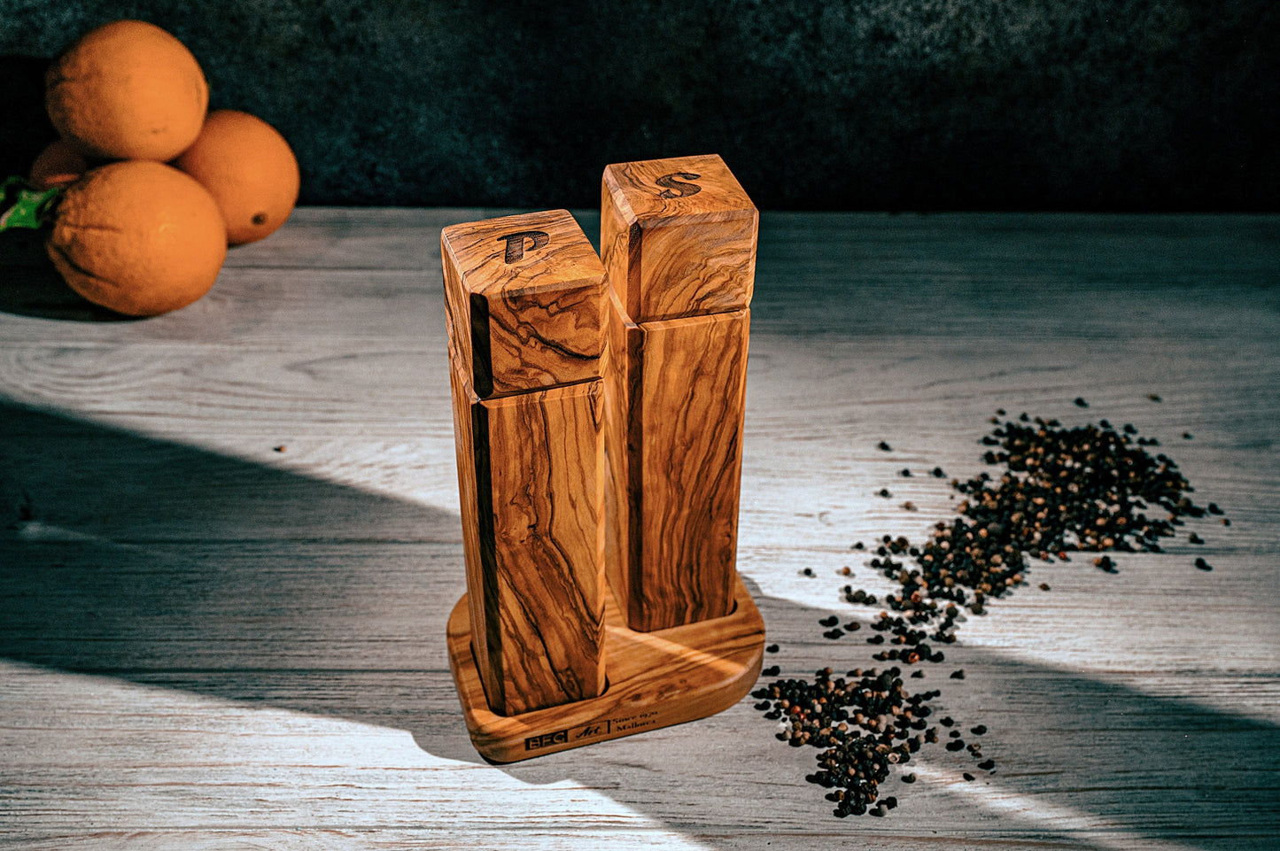 Handmade Olive Wood Salt and Pepper Mill Set with Matching Base