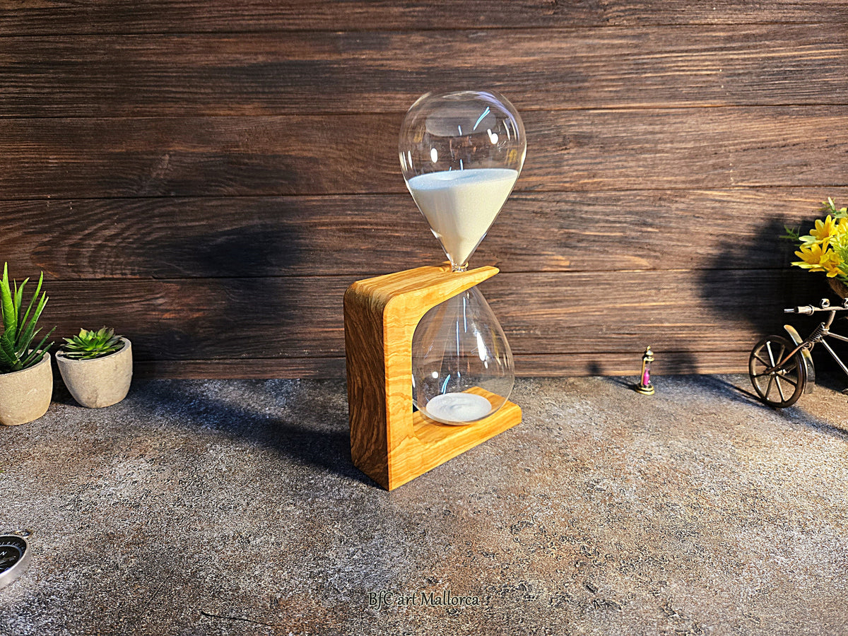 Handcrafted 50-Minute Olive Wood Hourglass, Unique Design by BFC Art Mallorca, Customizable Gift, Elegant Decor Piece