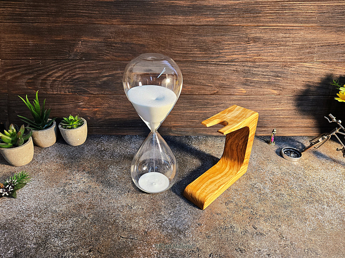 Handcrafted 50-Minute Olive Wood Hourglass, Unique Design by BFC Art Mallorca, Customizable Gift, Elegant Decor Piece
