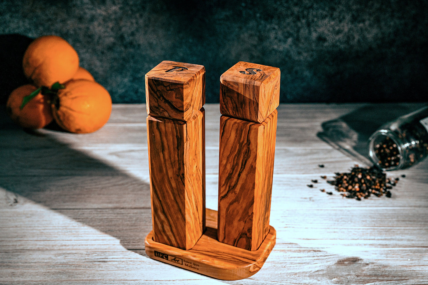 Handmade Olive Wood Salt and Pepper Mill Set with Matching Base