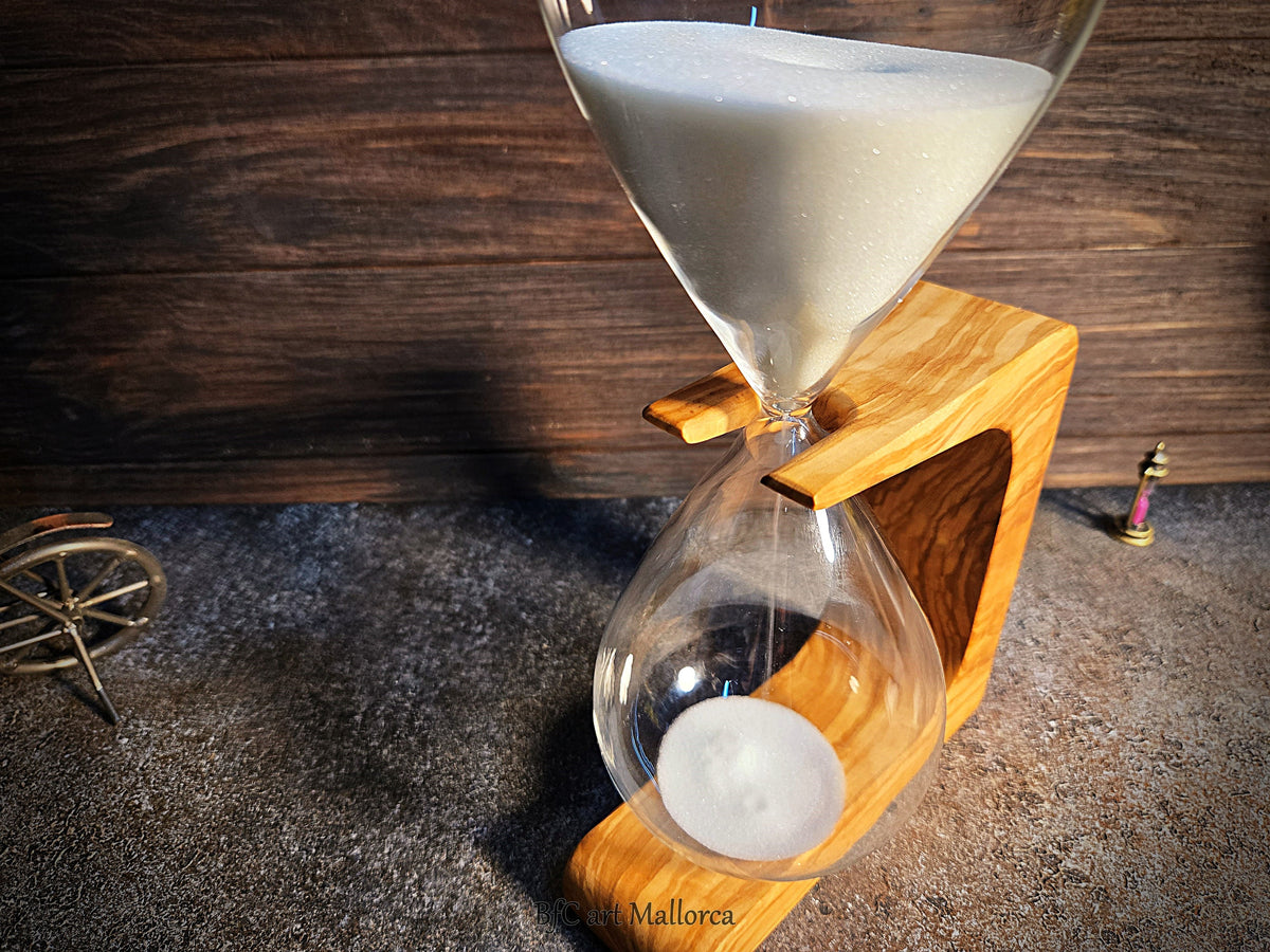 Handcrafted 50-Minute Olive Wood Hourglass, Unique Design by BFC Art Mallorca, Customizable Gift, Elegant Decor Piece