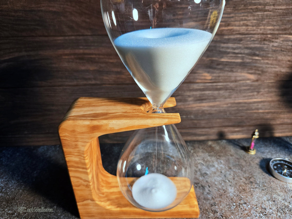 Handcrafted 50-Minute Olive Wood Hourglass, Unique Design by BFC Art Mallorca, Customizable Gift, Elegant Decor Piece