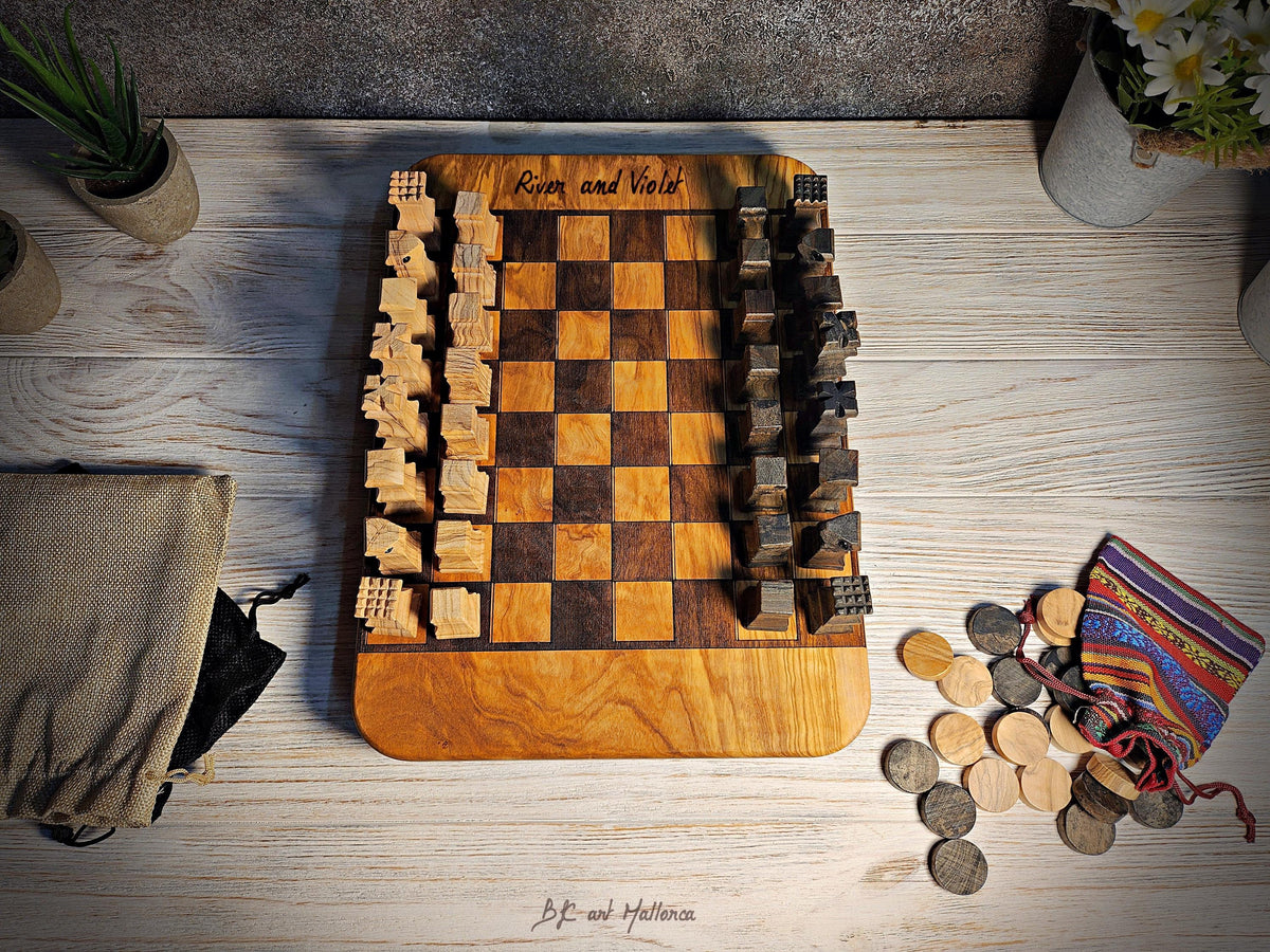 Personalized Olive Wood Chess and Checkers Board - Custom Engraved Game Set - Handcrafted Rustic Chessboard for Unique Gifts & Home Decor