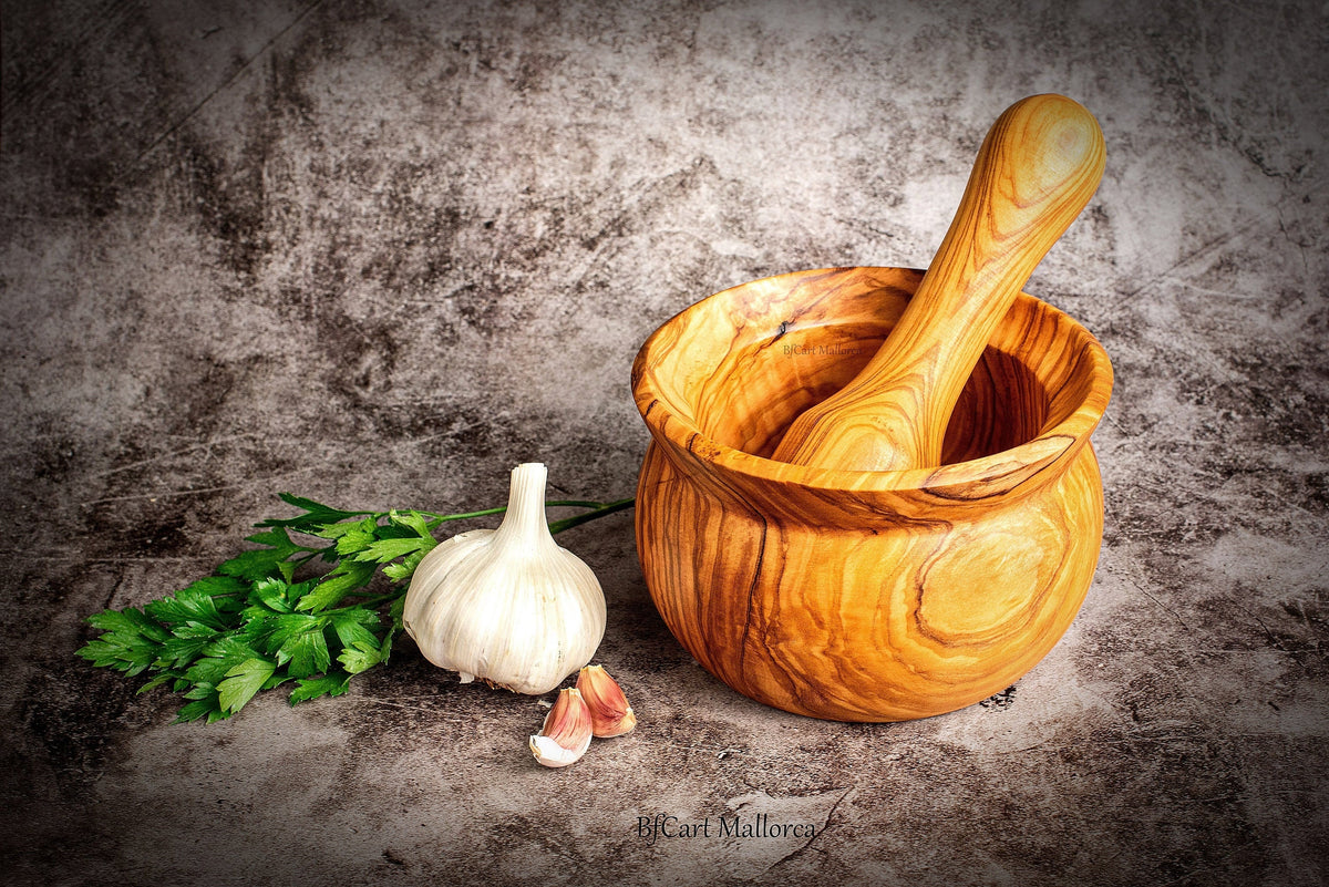 Handcrafted Olive Wood Mortar and Pestle, Rustic Grinder for Spices and Herbs | Unique Kitchen Tool & Gift | Natural Olivewood Deco