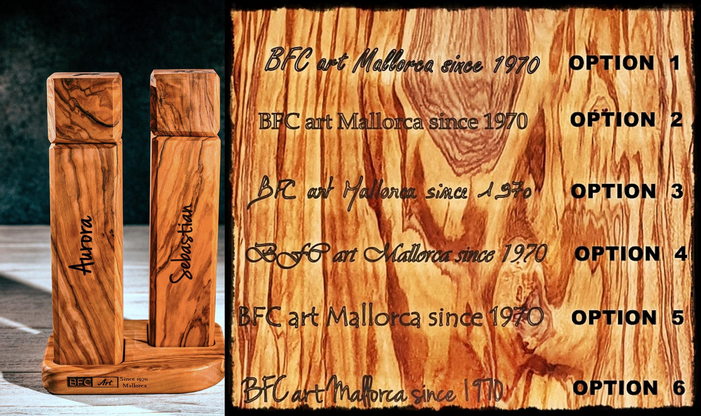 Handmade Olive Wood Salt and Pepper Mill Set with Matching Base