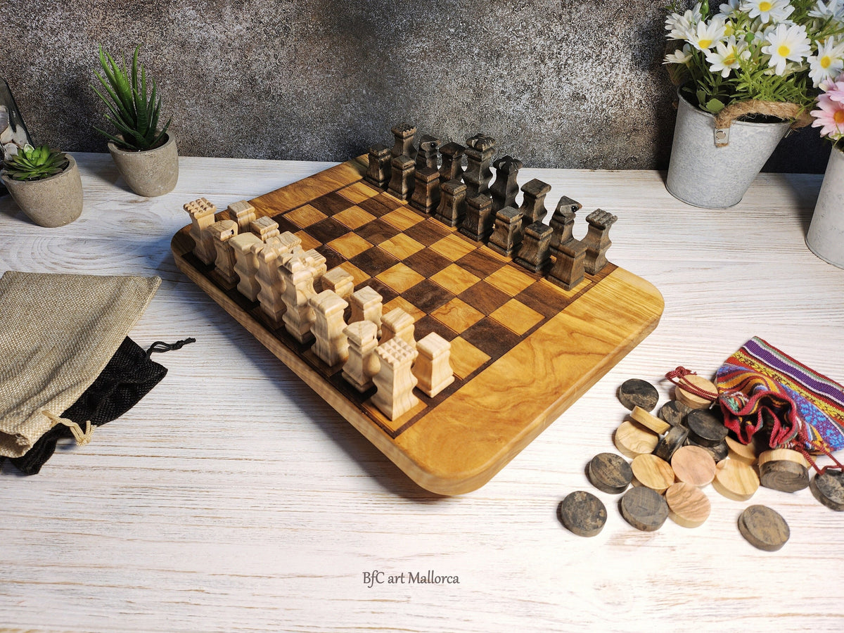 Rustic Olive Wood Chess Set – Unique BFC Art Mallorca Pieces | Handcrafted Game Board & Decor | Personalized Chess Gift