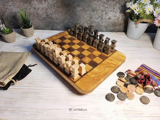 Rustic Olive Wood Chess Set – Unique BFC Art Mallorca Pieces | Handcrafted Game Board & Decor | Personalized Chess Gift