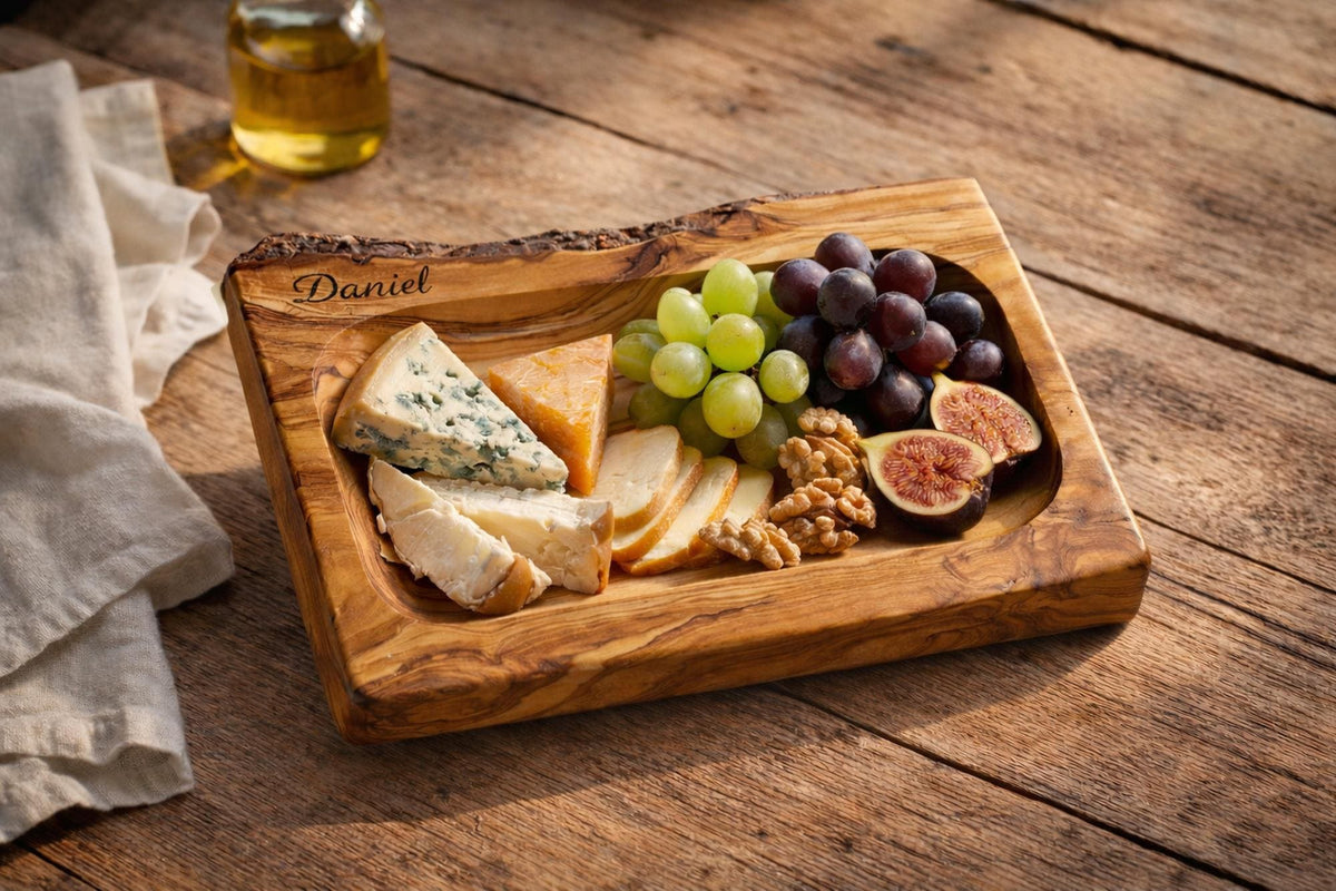 Personalized Olive Wood Serving Tray with Natural Bark Edge: Engraved Rustic Gift