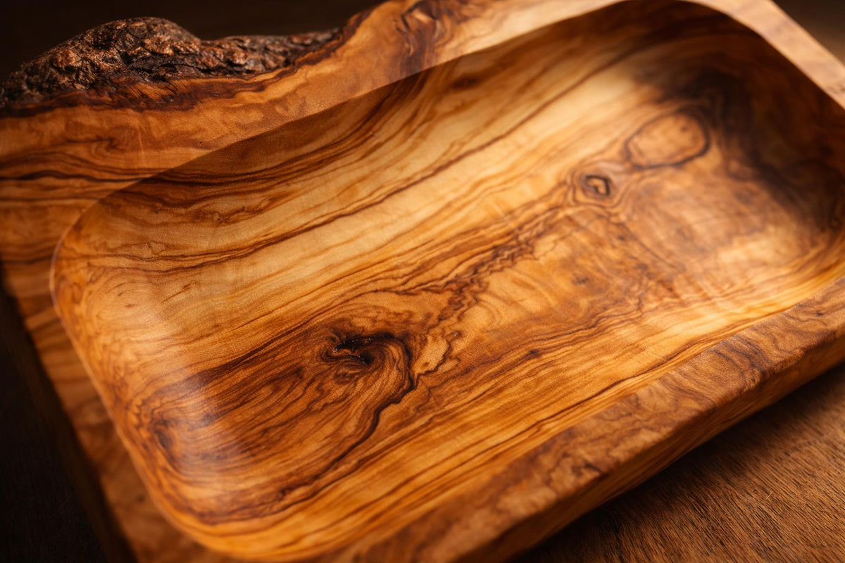 Personalized Olive Wood Serving Tray with Natural Bark Edge: Engraved Rustic Gift