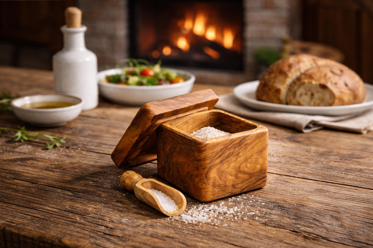Personalized Handcrafted Olive Wood Salt Cellar with Lid & Spoon – Unique Kitchen Gift