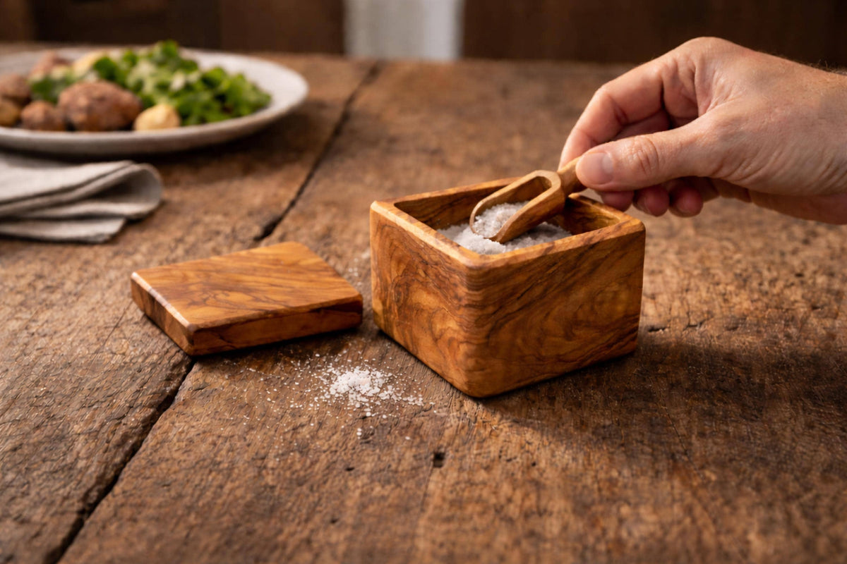 Personalized Handcrafted Olive Wood Salt Cellar with Lid & Spoon – Unique Kitchen Gift