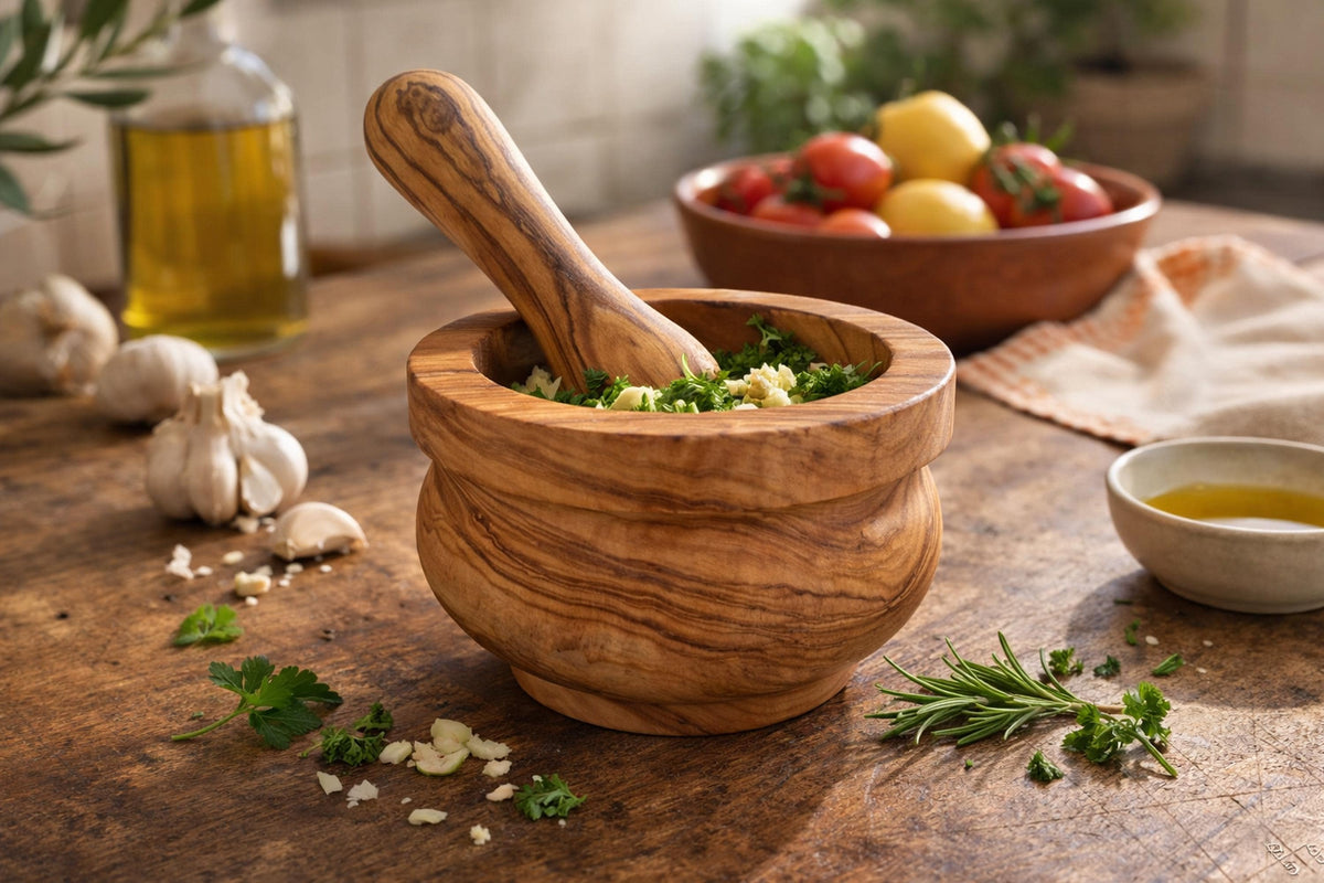 Handcrafted Olive Wood Mortar & Pestle – Solid Rustic Spice Grinder, Natural Herb Crusher Kitchen Gift for Chefs and Foodies