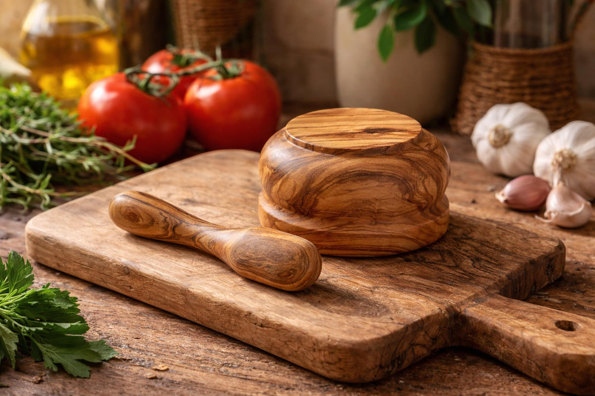 Handcrafted Olive Wood Mortar & Pestle – Solid Rustic Spice Grinder, Natural Herb Crusher Kitchen Gift for Chefs and Foodies
