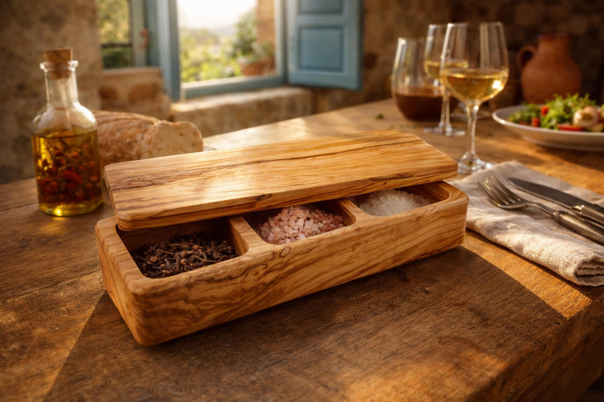 Olive Wood Salt Box with Lid, 3-Compartment Salt Cellar, Handmade Spice Box, Personalized Kitchen Gift