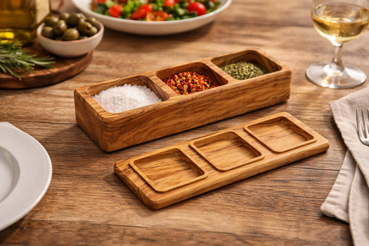 Olive Wood Salt Box with Lid, 3-Compartment Salt Cellar, Handmade Spice Box, Personalized Kitchen Gift