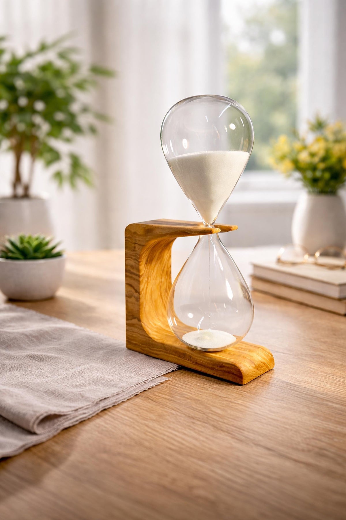 Handcrafted 50-Minute Olive Wood Hourglass, Unique Design by BFC Art Mallorca, Customizable Gift, Elegant Decor Piece