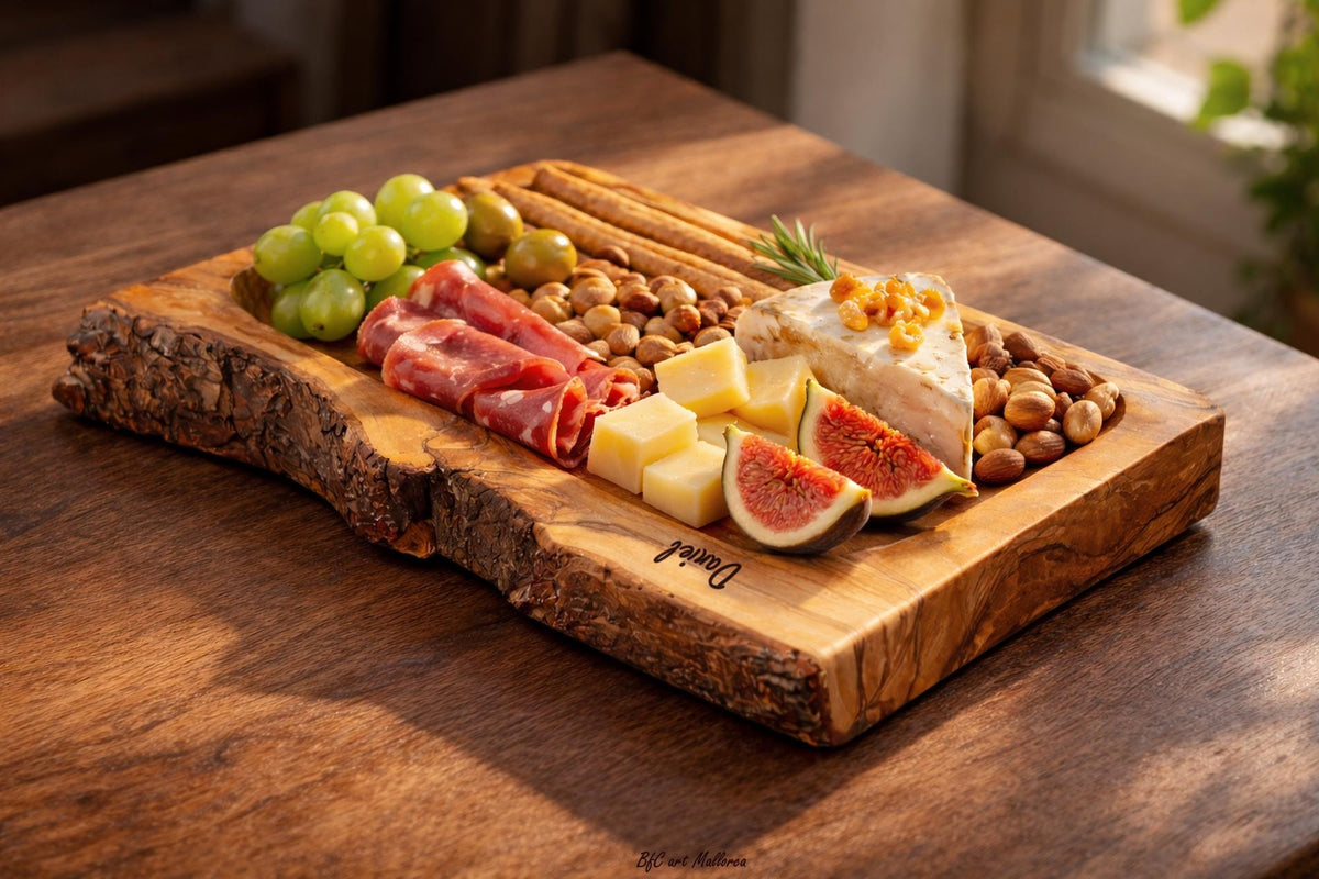 Personalized Olive Wood Serving Tray with Natural Bark Edge: Engraved Rustic Gift