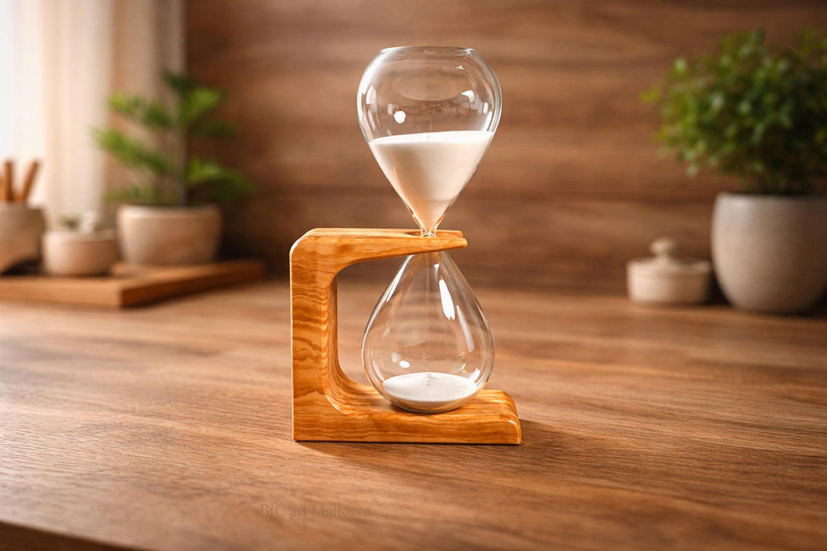 Handcrafted 50-Minute Olive Wood Hourglass, Unique Design by BFC Art Mallorca, Customizable Gift, Elegant Decor Piece