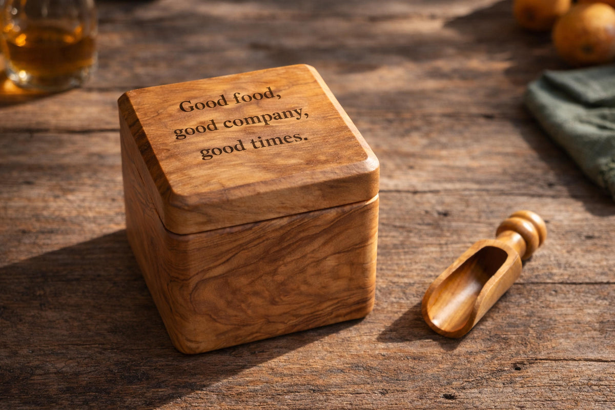 Personalized Handcrafted Olive Wood Salt Cellar with Lid & Spoon – Unique Kitchen Gift