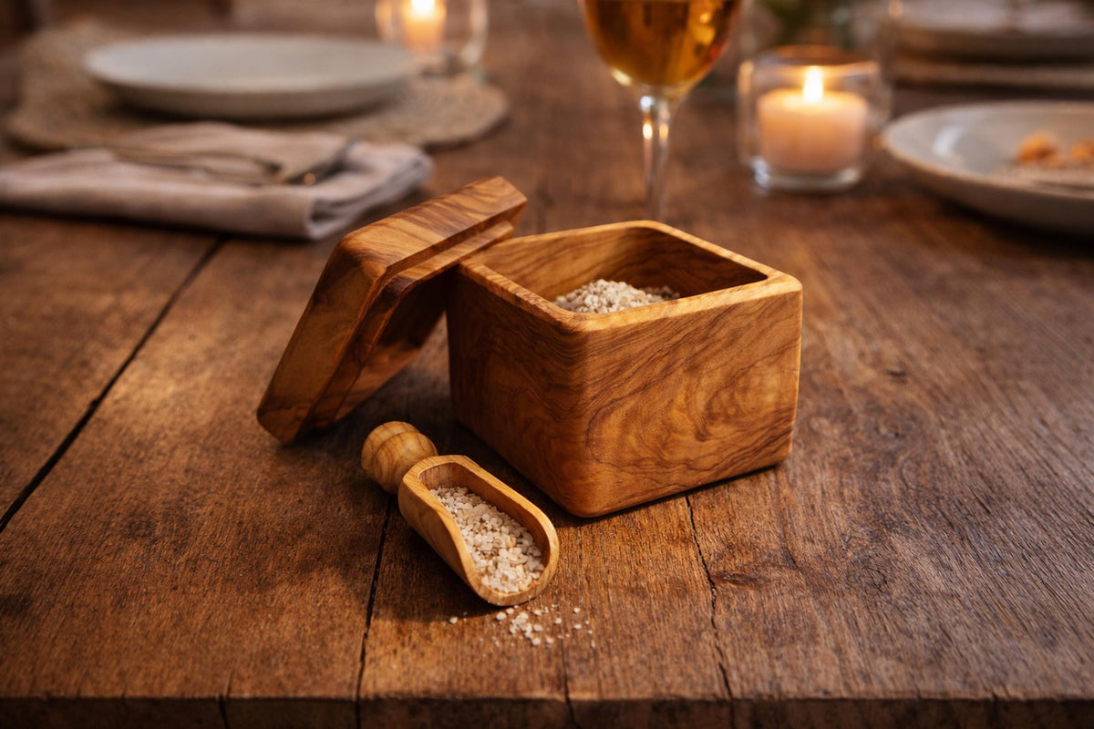 Personalized Handcrafted Olive Wood Salt Cellar with Lid & Spoon – Unique Kitchen Gift