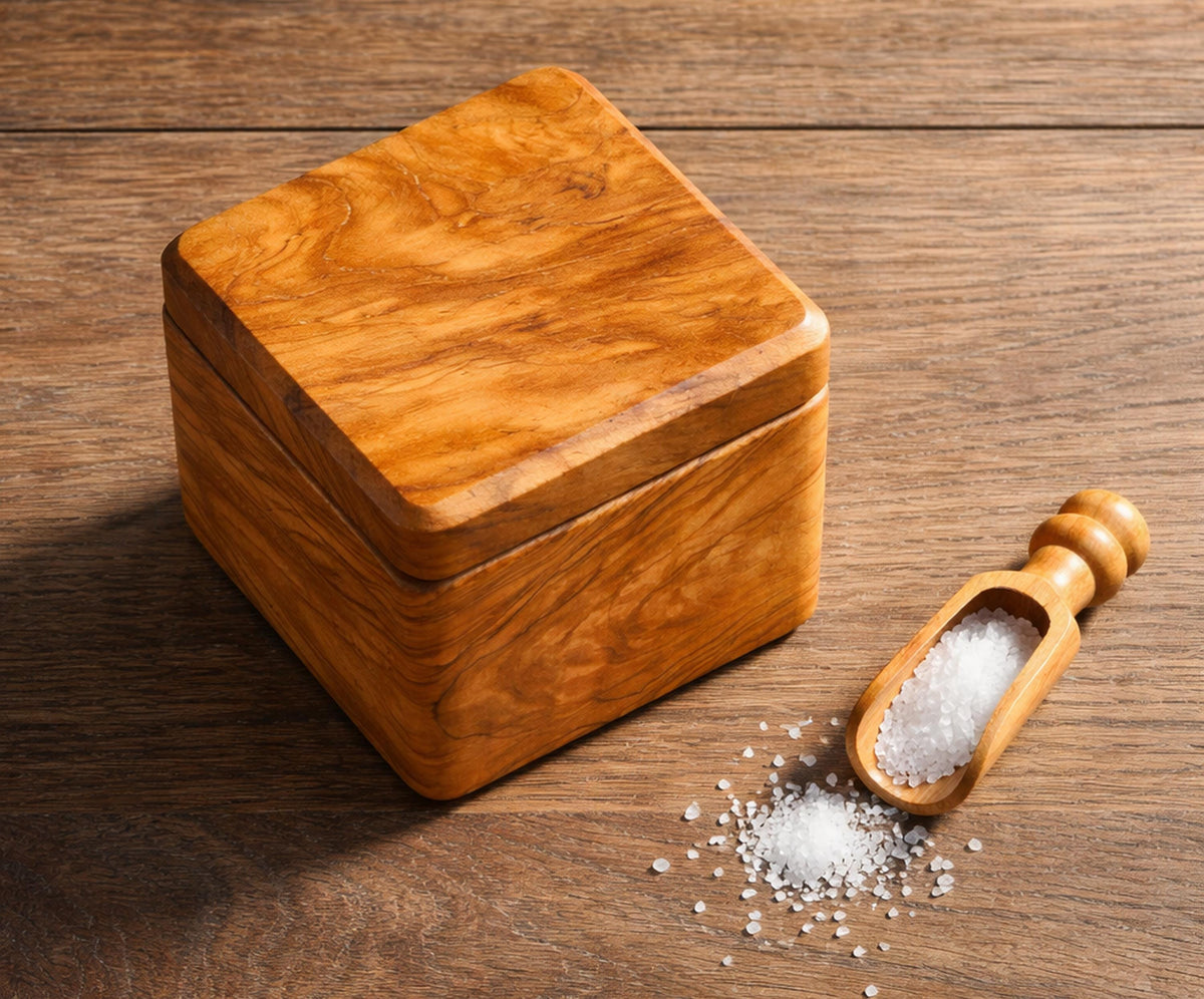 Personalized Handcrafted Olive Wood Salt Cellar with Lid & Spoon – Unique Kitchen Gift