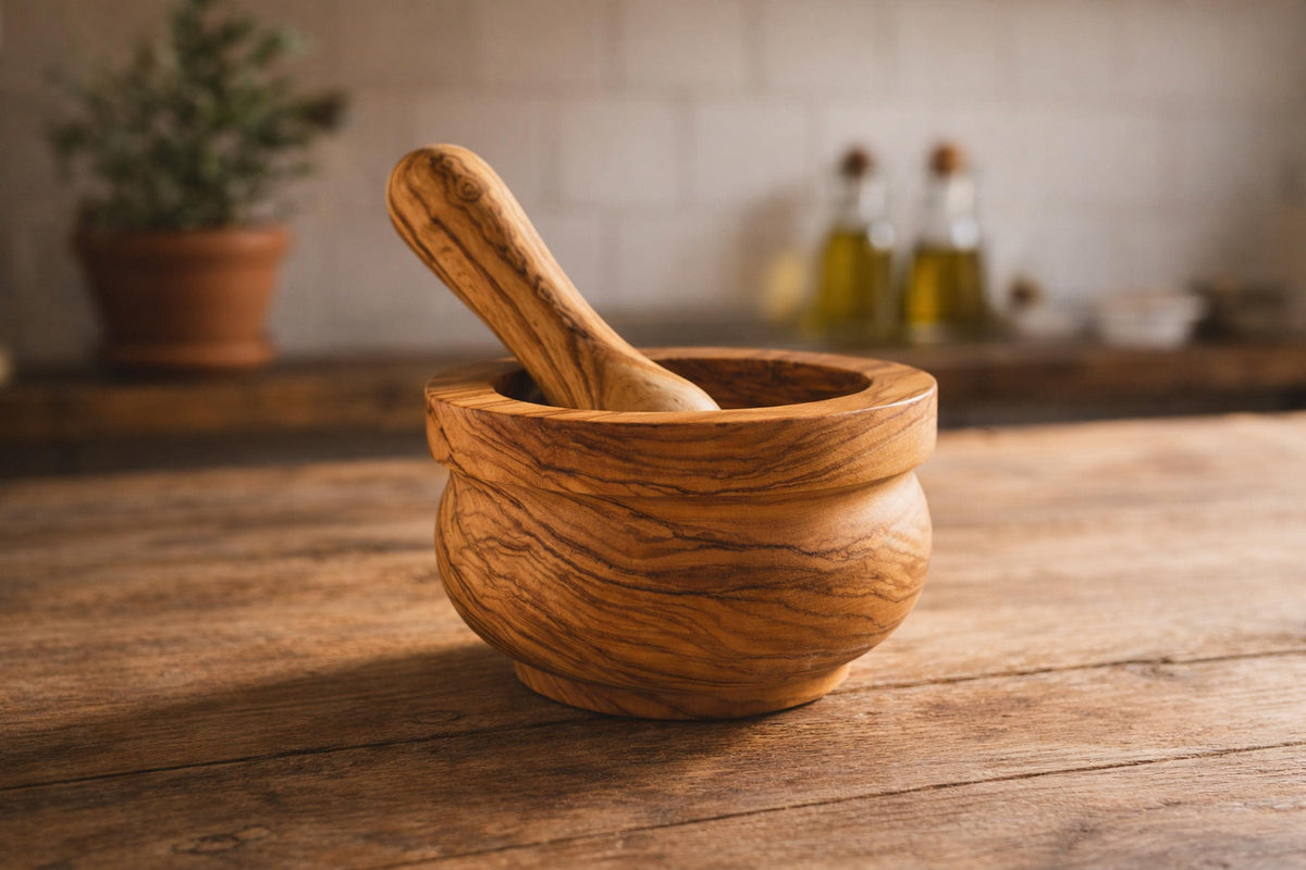 Handcrafted Olive Wood Mortar & Pestle – Solid Rustic Spice Grinder, Natural Herb Crusher Kitchen Gift for Chefs and Foodies